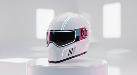 Futuristic White Motorcycle Helmet with Neon Accents on a Pedestal.