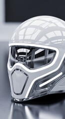 Fototapeta premium Futuristic White Motorcycle Helmet with Sleek Design and Reflective Visor.