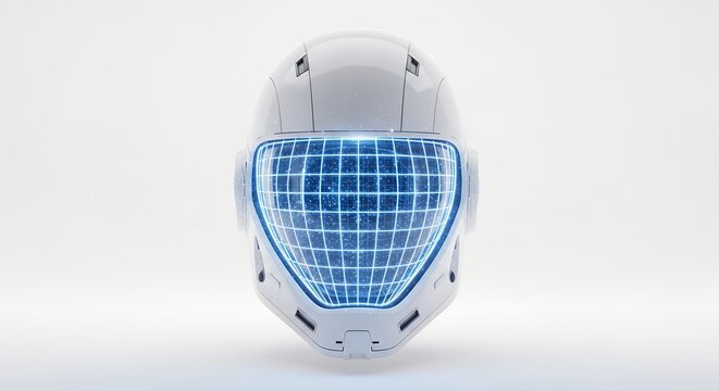 Futuristic White Robot Head with Blue Grid Visor on White Background.