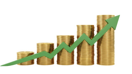 Stacks of golden coins with green arrow isolated PNG, financial growth and investment concept on transparent background