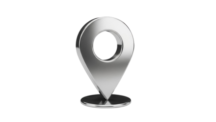 Shiny silver map pointer PNG isolated on transparent background, location pin for navigation and travel apps