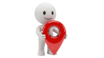 3D stick figure holding a red map pointer isolated PNG, location pin marker on transparent background for navigation and travel concepts