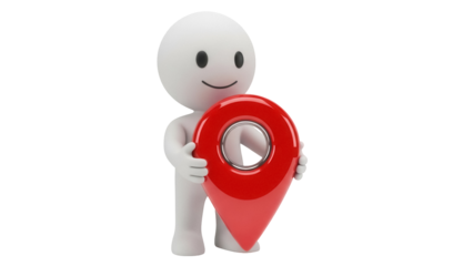 3D stick figure holding a red map pointer isolated PNG, location pin marker on transparent background for navigation and travel concepts
