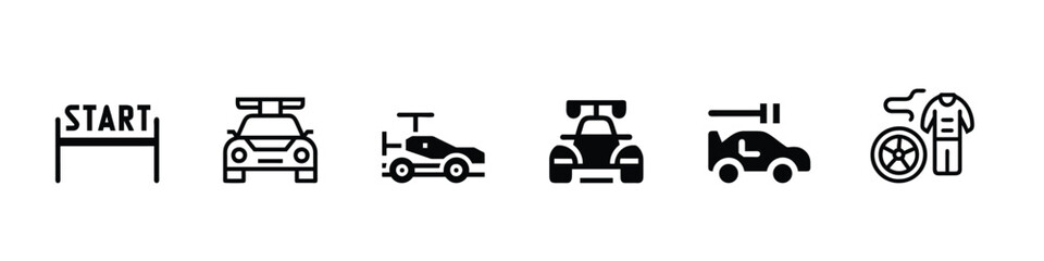 Car racing and motorsport icon set – outline symbols of race cars, start gate and racing equipment © maruf555777