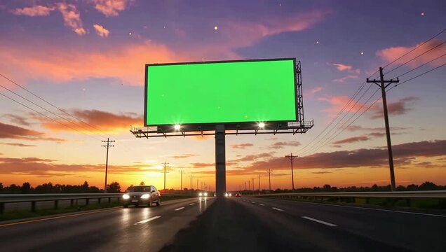 Green billboard on highway at sunset with cars driving by