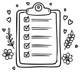 Clipboard Checklist with Tick Marks, Flowers and Hearts Doodle Style, Black and White Illustration