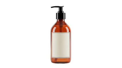 Amber bottle with dispenser isolated PNG on transparent background, container for liquid soap or shampoo for bathroom and personal care