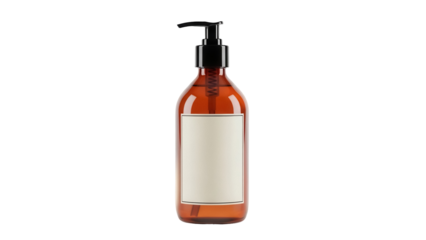 Amber bottle with dispenser isolated PNG on transparent background, container for liquid soap or shampoo for bathroom and personal care