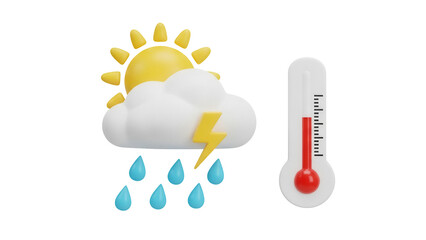 Weather forecast icon PNG isolated on transparent background, sunny with rain and lightning, temperature rising, climate change concept