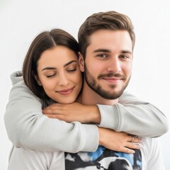 Obraz premium Young couple hug from behind romantic portrait