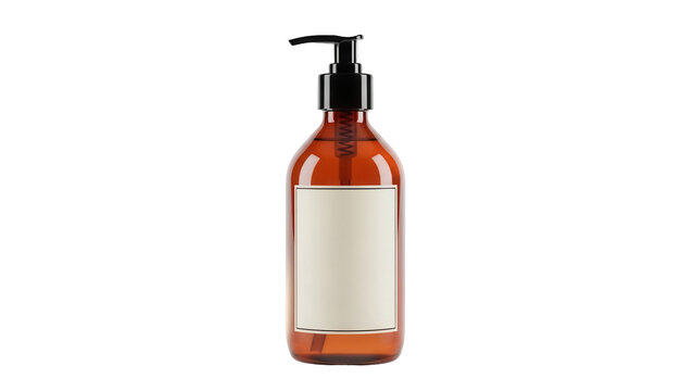 Amber bottle with dispenser isolated PNG on transparent background, container for liquid soap or shampoo for bathroom and personal care