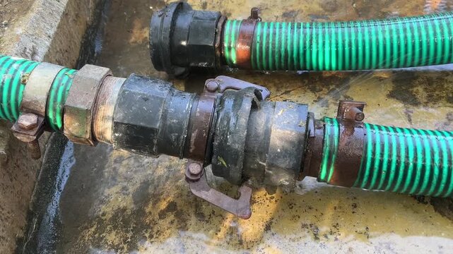 Leaking Industrial Water Hose Connection with Metal Couplings and Pipe Fittings