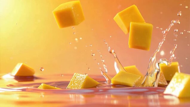 Vibrant mango cubes splashing in water with dynamic movement