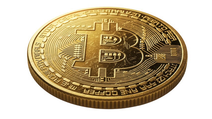 Golden Bitcoin coin isolated PNG on transparent background, cryptocurrency digital money for investment and finance, decentralized virtual currency
