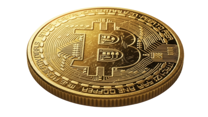 Golden Bitcoin coin isolated PNG on transparent background, cryptocurrency digital money for investment and finance, decentralized virtual currency