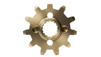 Gold-toned sprocket isolated PNG on transparent background, metal gear component for motorcycle or bicycle drivetrain and mechanical systems