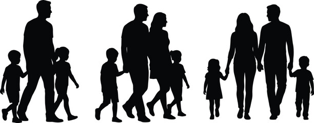 Family silhouettes walking together, parents with children holding hands isolated on white background happy lifestyle parenting illustration collection