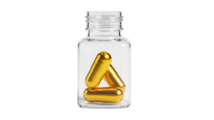 Gold capsules in clear bottle isolated PNG, dietary supplement for health and wellness on transparent background
