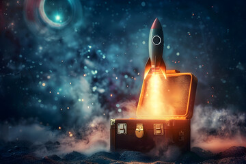 Rocket launch from briefcase symbolizing innovation and business growth