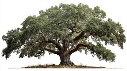 A majestic, mature tree with a broad, sprawling canopy, isolated on a white background, highlighting its intricate branches and lush foliage