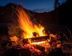A bonfire ablaze at twilight in a mountain setting