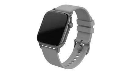 Modern gray smartwatch with silicone band isolated PNG, digital wearable device for fitness tracking and notifications on transparent background