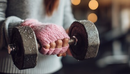 Gloved hands grip dumbbell; droplets shimmer