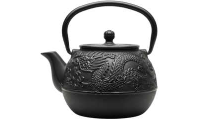 Black cast iron teapot with dragon design isolated PNG, traditional Asian tea ceremony equipment for brewing and serving tea