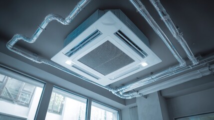 Obraz premium Overhead perspective of a white ceiling-mounted air conditioning unit with connected ductwork. The setting includes windows and a cool, muted color palette