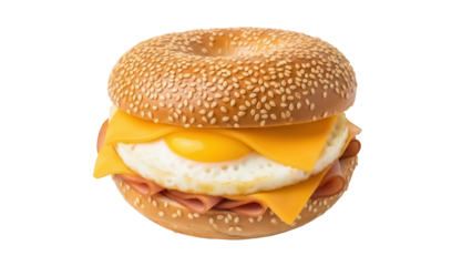 Delicious bagel sandwich with egg, ham, and cheese isolated PNG, breakfast food for menu design and restaurant promotions