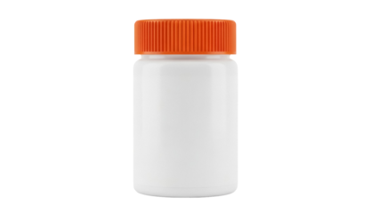 White plastic pill bottle with orange cap isolated PNG, medicine container for supplements and vitamins on transparent background