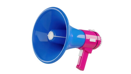 Pink and blue megaphone PNG isolated on transparent background, loud speaker for announcements and promotions, communication device