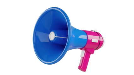 Pink and blue megaphone PNG isolated on transparent background, loud speaker for announcements and promotions, communication device