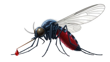 Mosquito with blood drop isolated PNG, close-up of insect sucking blood on transparent background, disease carrier for medical and health concepts