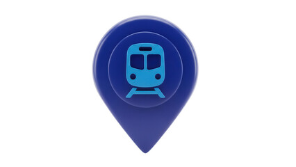 Blue train location pin isolated PNG, subway station marker for navigation apps and transportation services on transparent background