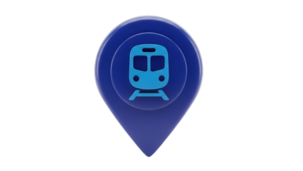 Blue train location pin isolated PNG, subway station marker for navigation apps and transportation services on transparent background