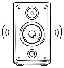 Line Art Illustration of Speaker with Sound Waves Emitting from It in Black and White