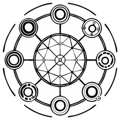 Mystical Circle with Geometric Design Element Black and White Line Art