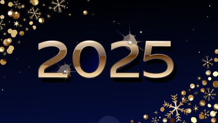 Golden year two thousand twenty five with snowflakes and bokeh on a dark blue gradient background design