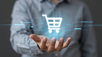 AI cloud computing and data analytics concept. Digital shopping cart icon held in a hand, symbolizing e-commerce.