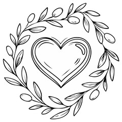 Obraz premium Heart encircled by olive branches creates a serene natural love motif in a line art style illustration
