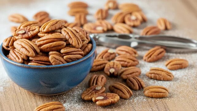 Southern Baking Nuts: Close-up of Shelled Pecans in a Blue Bowl with a Nutcracker and Powdered Sugar, Healthy Snack