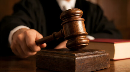 A judge is holding a gavel over a wooden block, likely in a courtroom setting. A law book is also visible in the background.