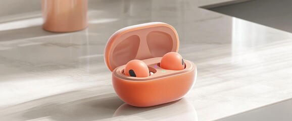 A small peach-shaped wireless earbud case with velvety touch
