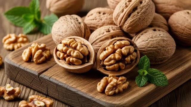 Nutritional Brain Food: Cracked Walnuts and Shelled Kernels on a Wooden Cutting Board with Mint Leaves, Healthy Snacking