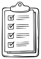 Hand drawn clipboard with a checklist displaying completed tasks and multiple checkmarks cartoon illustration