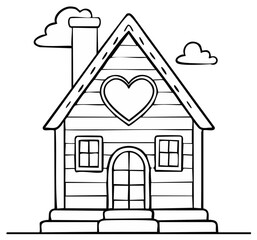 Cute House Illustration with Heart Window Black and White Line Art Style Vector