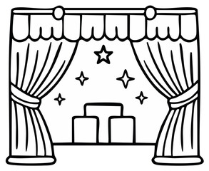 Stage curtains pulled back revealing podiums and stars sparkling in the background