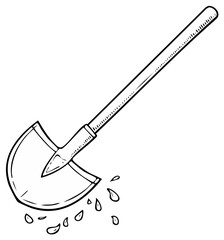Detailed Line Art of a Shovel with a Round Blade and Small Water Droplets on the Ground