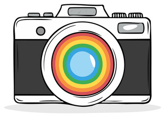 Cartoon camera illustration shows rainbow lens for photography and capturing colorful memories in creative vector design with sketch line art.